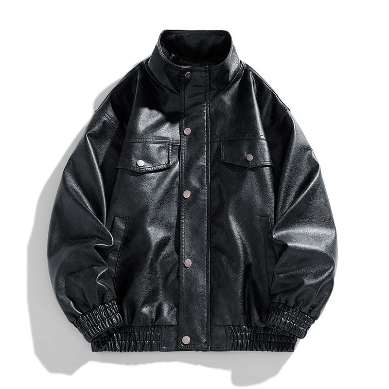 Men's Casual Synthetic Leather Jacket with Practical Snap Buttons and Elastic Waistband Lisslune
