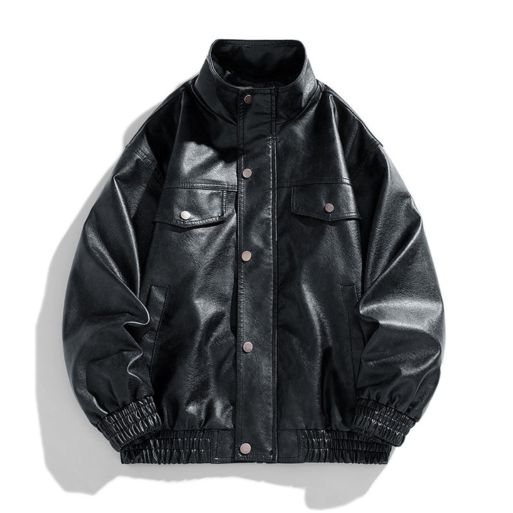 Men's Casual Synthetic Leather Jacket with Practical Snap Buttons and Elastic Waistband Lisslune