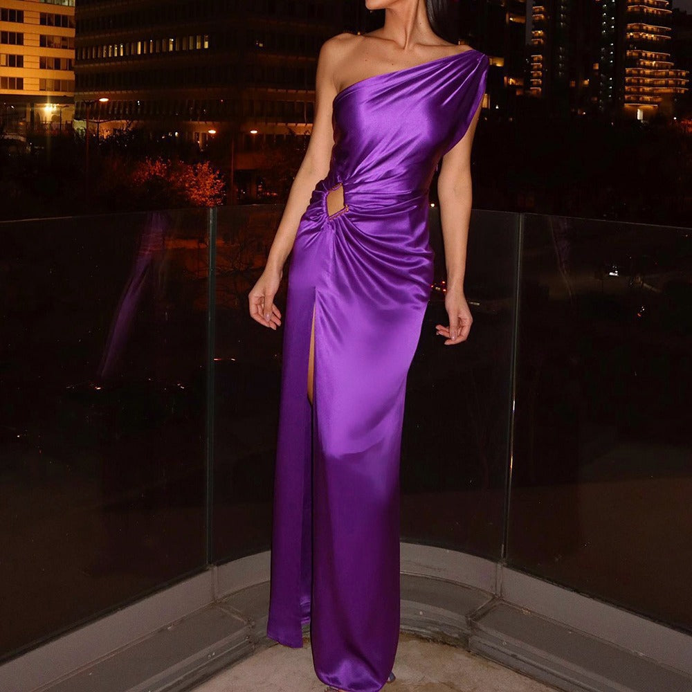 Women's glamorous evening dress with asymmetric cut and shimmering effect