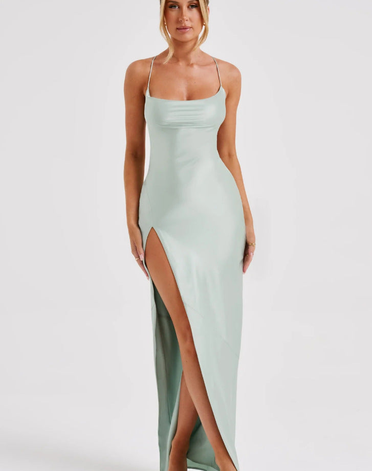 Women's Elegant Maxi Dress with High Slit and Slim Strap Design