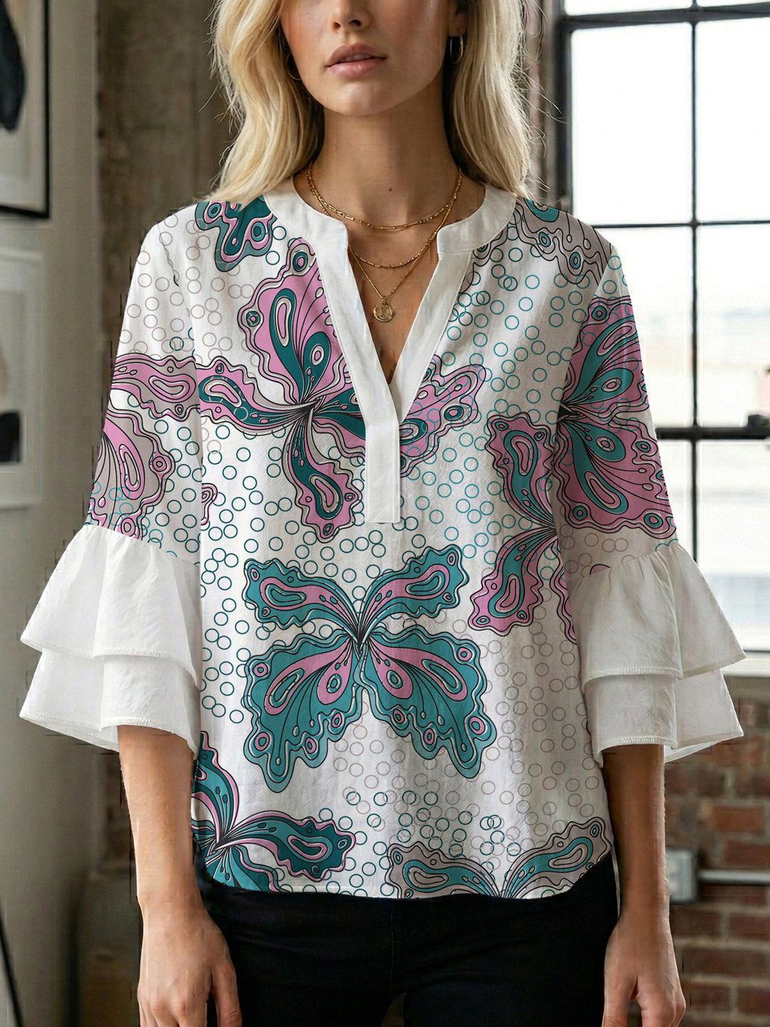 Women's blouse with voluminous ruffle sleeves and creative floral design Lisslune