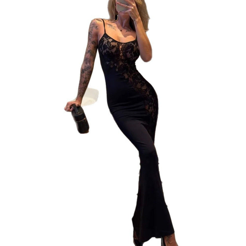 Damen Elegantes Spitzen-Maxi-Kleid mit Spaghettiträgern und figurbetonendem Schnitt Lisslune