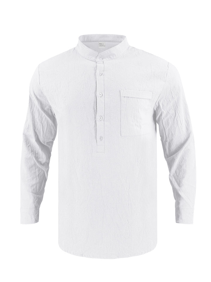 Men's Casual Long Sleeve Shirt with Stand-Up Collar and Practical Chest Pocket Lisslune