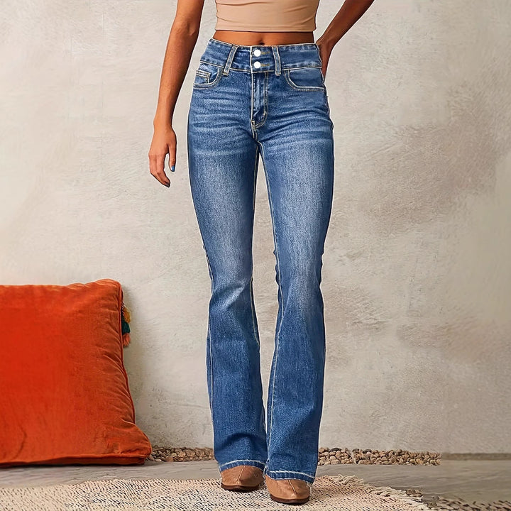 Women's High Waist Flared Jeans with Decorative Button Details and Figure-Flattering Cut