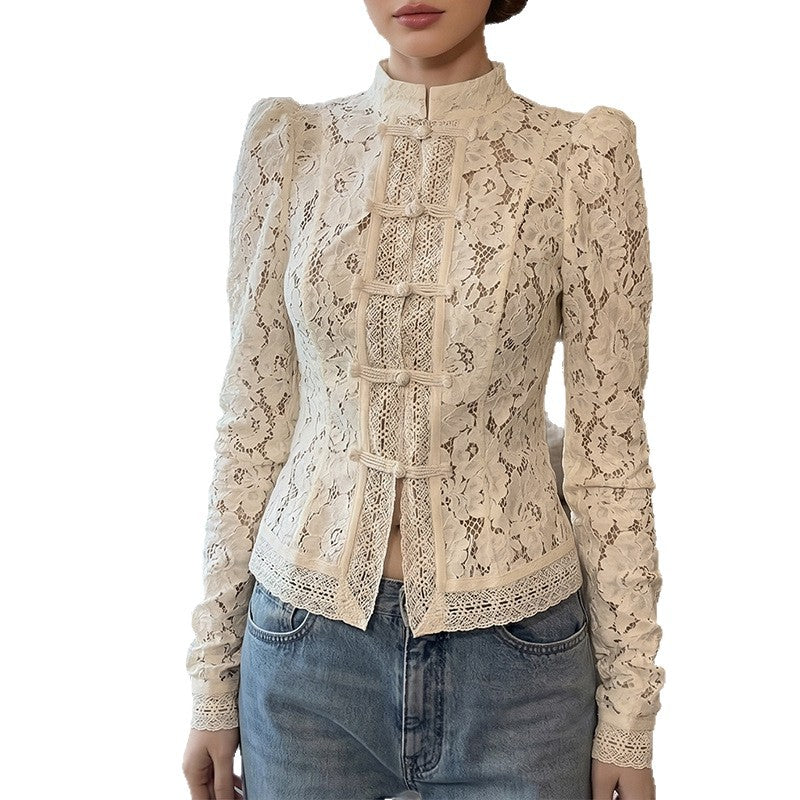 Women's lace blouse with structured details and elegant stand-up collar Lisslune