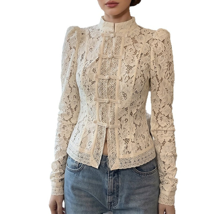 Women's lace blouse with structured details and elegant stand-up collar Lisslune