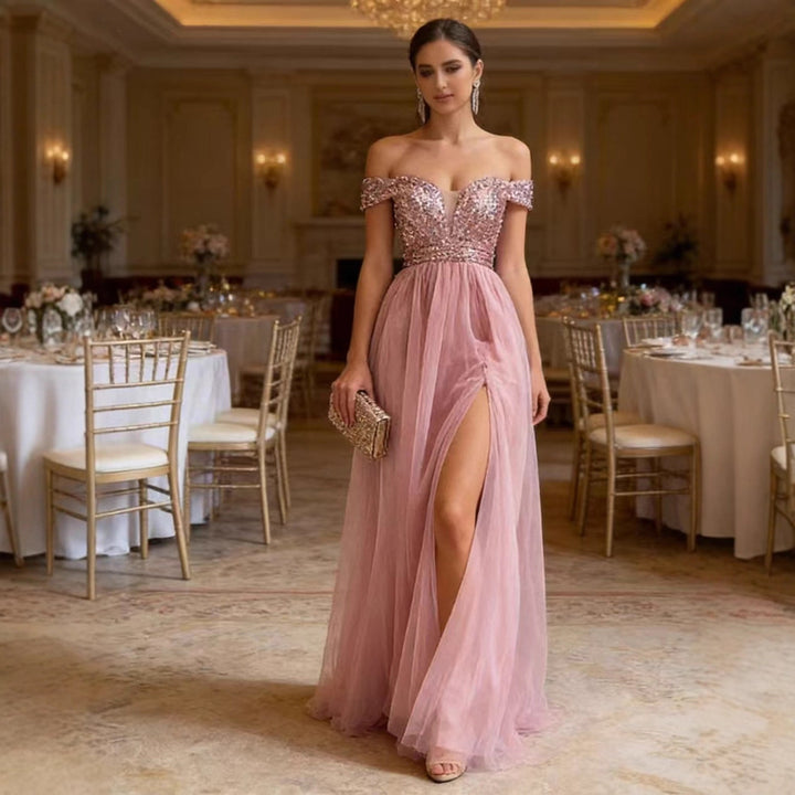 Ladies Elegant Evening Dress with Strapless Design and Sparkling Appliqués Lisslune