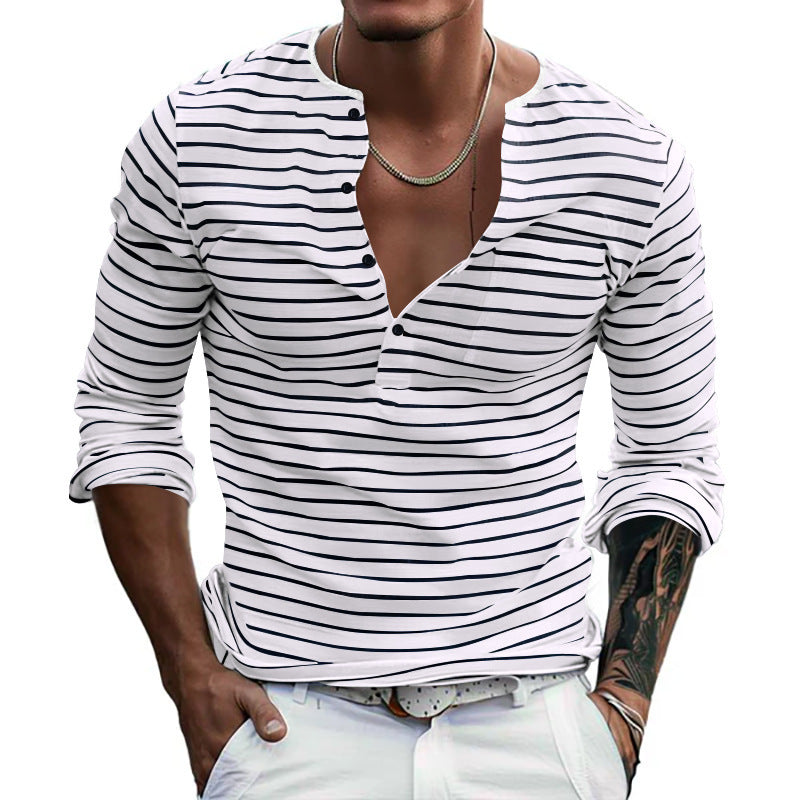 Men's Casual Long Sleeve Shirt with Subtle Stripe Pattern and Button Placket Lisslune