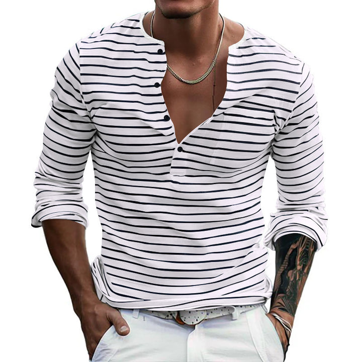 Men's Casual Long Sleeve Shirt with Subtle Stripe Pattern and Button Placket Lisslune