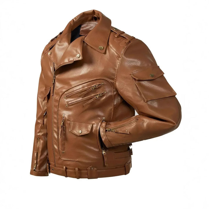 Men's stylish biker jacket with multiple zip pockets and belt detail Lisslune