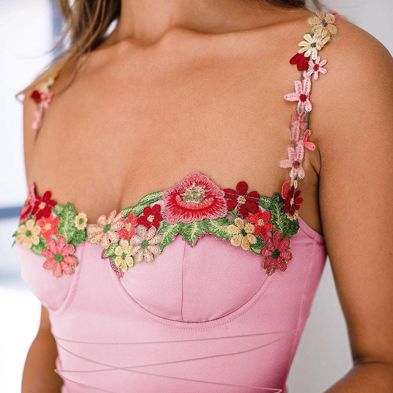 Women's Figure-Fitting Mini Dress with Floral Straps and Lacing