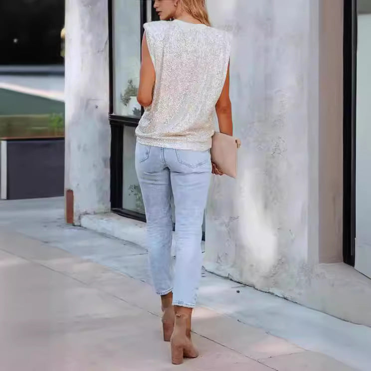Women's Glittering Round Neck Blouse Lisslune