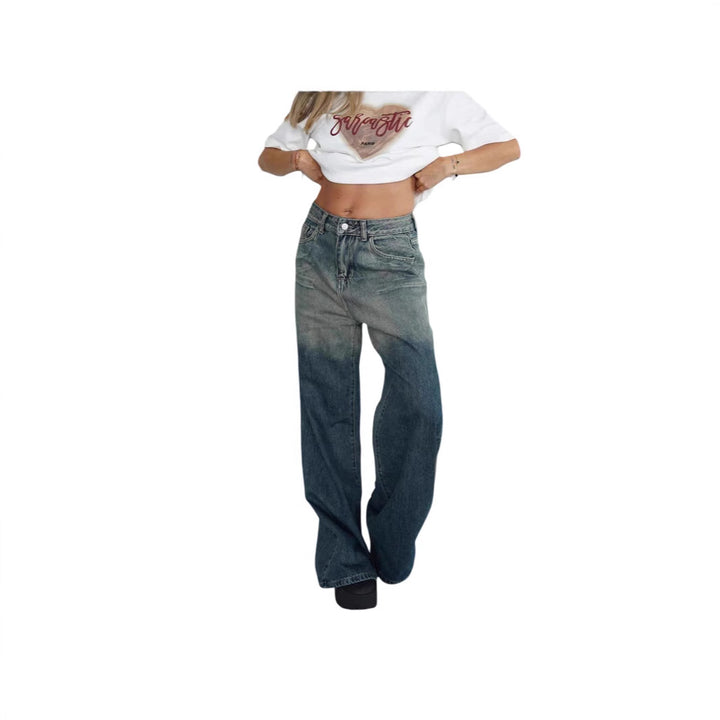 Women's loose high-waist jeans with trendy gradient and wide leg Lisslune
