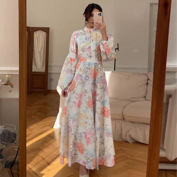 Women’s maxi dress with fine floral pattern and elegant puff sleeves Lisslune