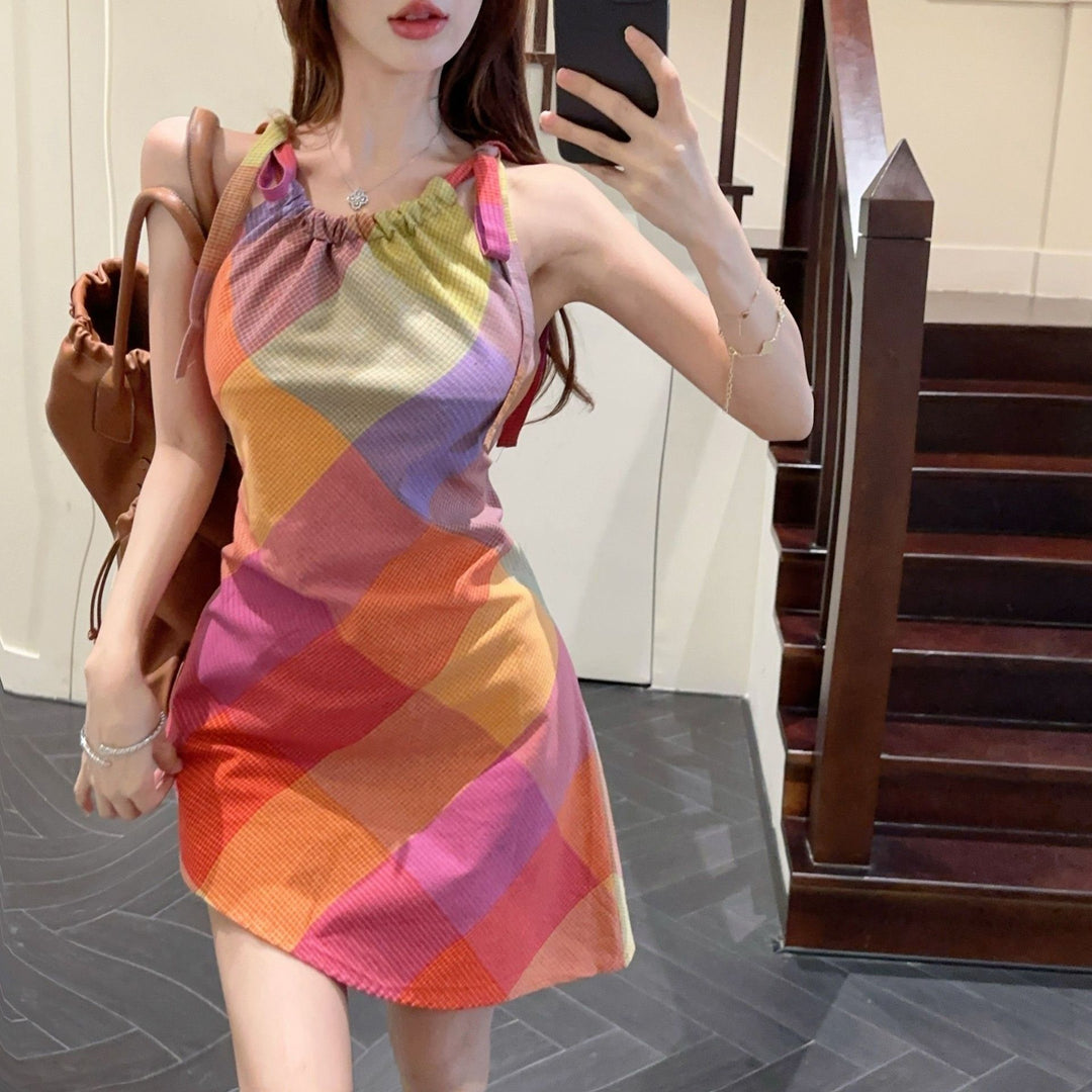Women's short-sleeve dress with fashionable check pattern and elastic neckline Lisslune
