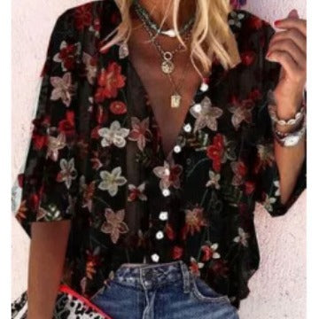Women's Transparent Blouse with Floral Embroidery and Oversized Cut