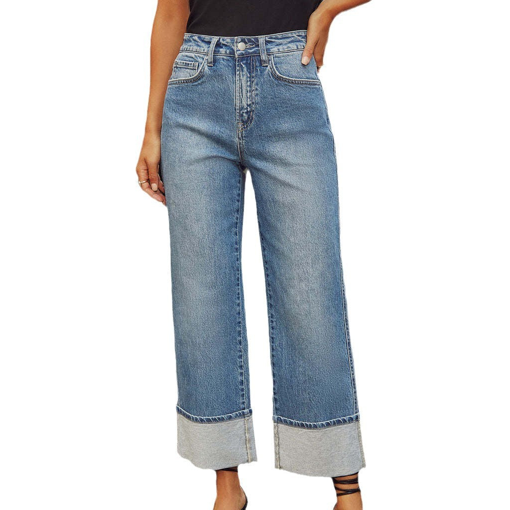 Ladies Wide Cut Jeans with Turned-Up Hem Lisslune