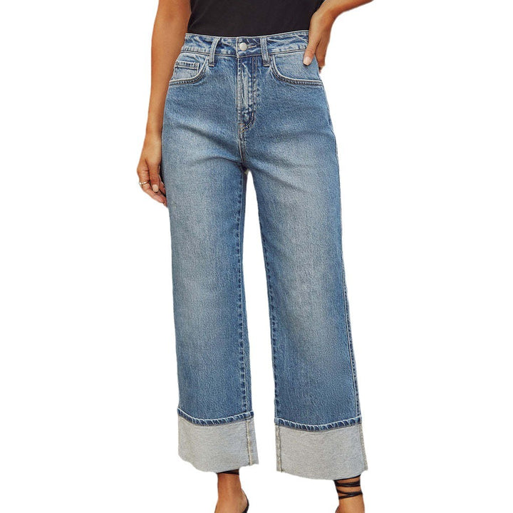 Ladies Wide Cut Jeans with Turned-Up Hem Lisslune