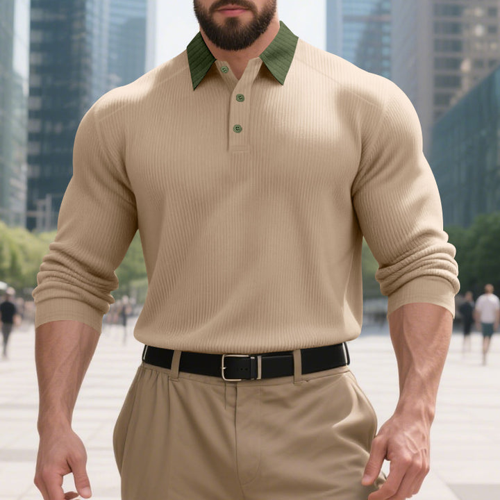 Men's long sleeve polo shirt with textured collar and decorative button closure Lisslune