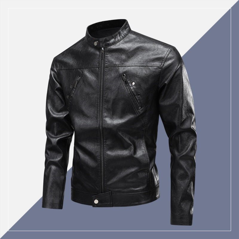 Men's faux leather jacket with modern stand-up collar and practical zipper pockets Lisslune