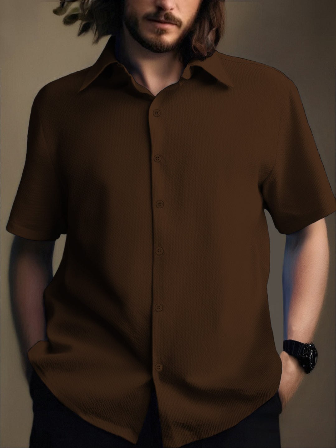 Men's Short Sleeve Shirt with Textured Fabric and Modern Details Lisslune