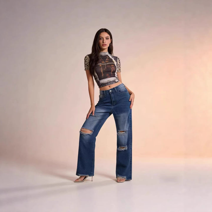 Damen weite Jeans mit stylischem Destroyed-Detail und bequemer Passform Lisslune