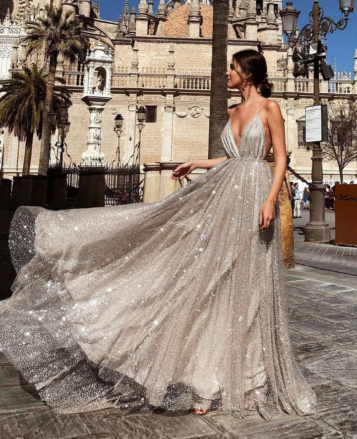 Ladies Glamorous Evening Dress with Deep V-Neck and Shining Sequins Lisslune