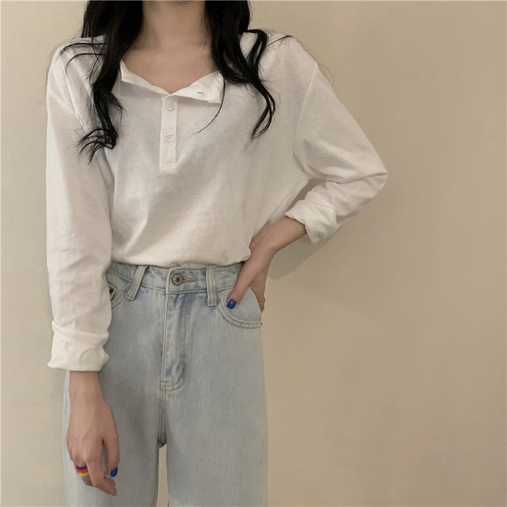 Women's Long Sleeve Henley Shirt with Modern Collar and Continuous Button Placket Lisslune