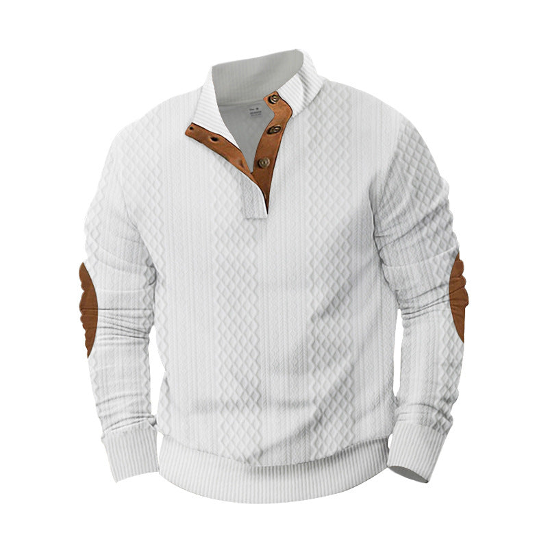 Men's knit sweater with innovative stand-up collar and modern leather appliqués Lisslune