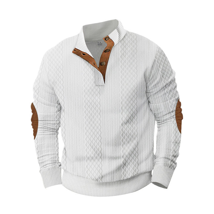 Men's knit sweater with innovative stand-up collar and modern leather appliqués Lisslune