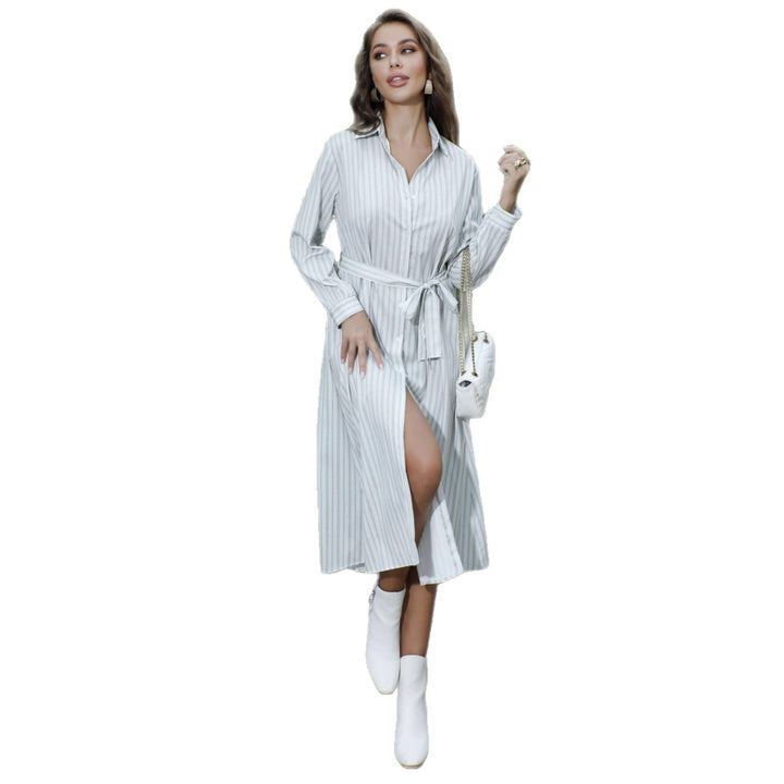 Women's shirt dress with striped design and waist belt