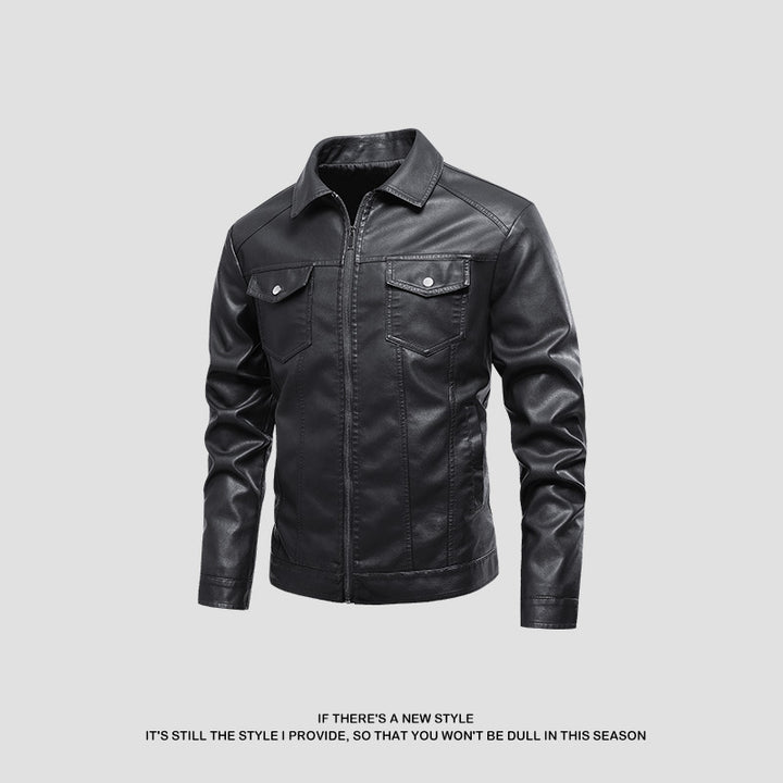 Men's fashionable synthetic leather jacket with classic cut and practical pockets Lisslune
