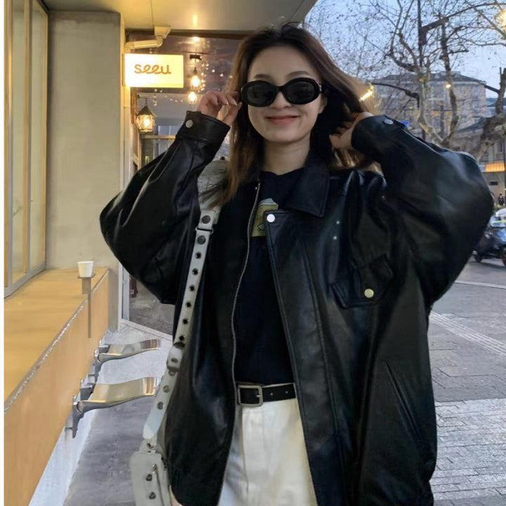 Women's leather jacket in oversized style with fashionable details Lisslune