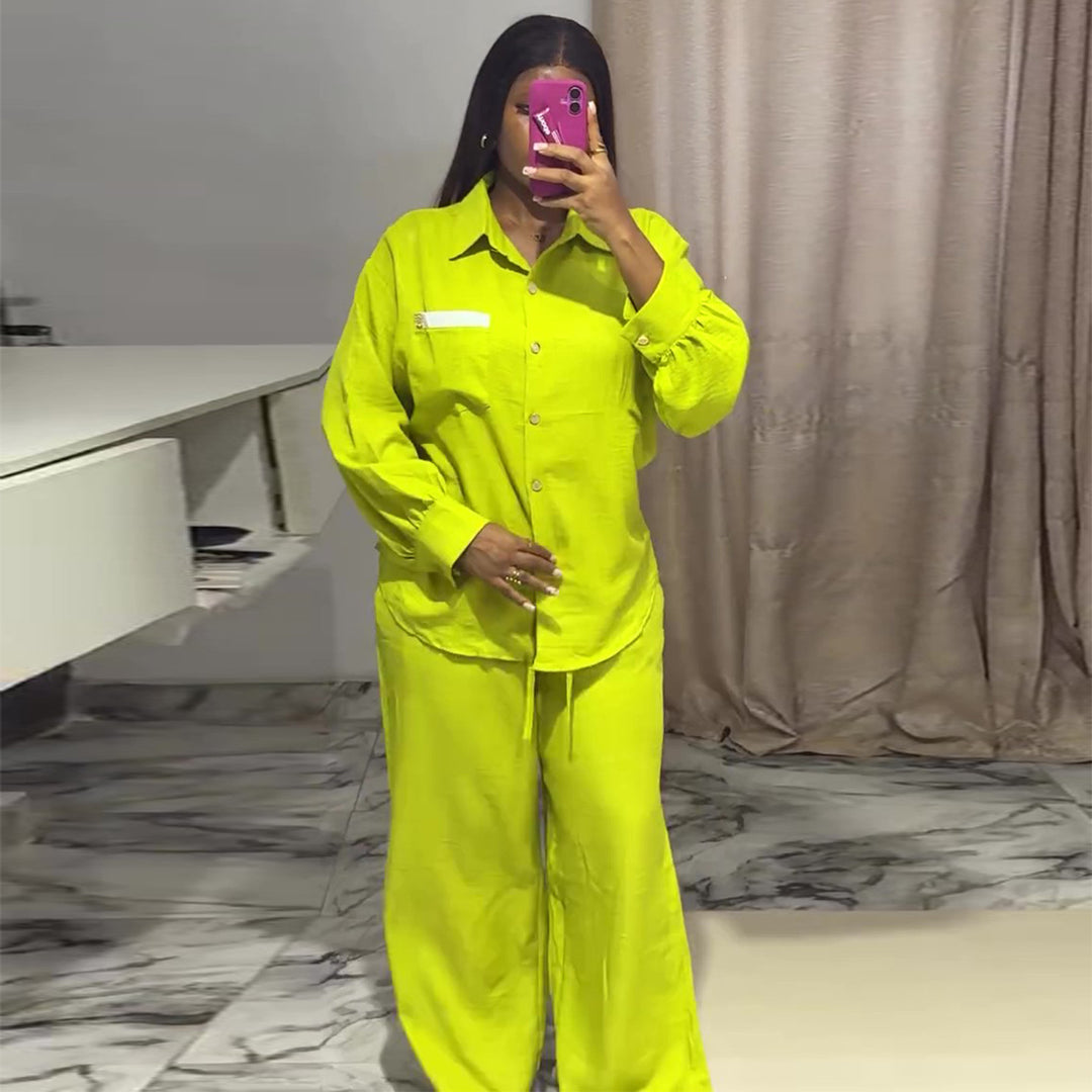 Women's casual two-piece set with long-sleeve blouse and wide pants