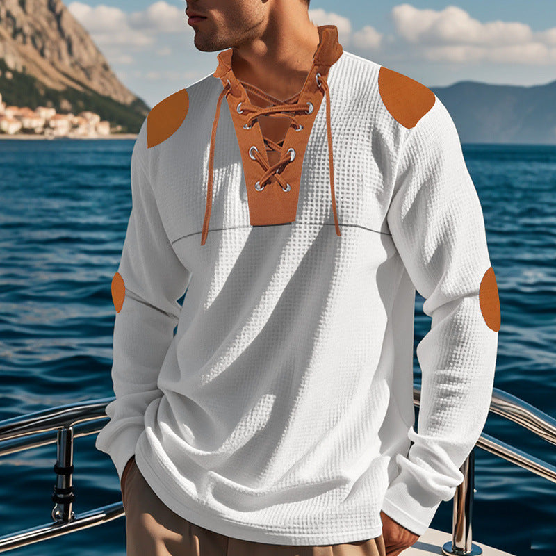 Men's long-sleeve Henley shirt with decorative lacing design Lisslune