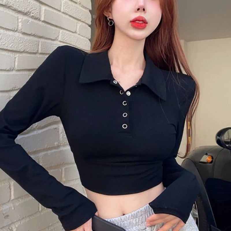 Women's Long Sleeve Crop Top with Classic Collar and Snap Buttons