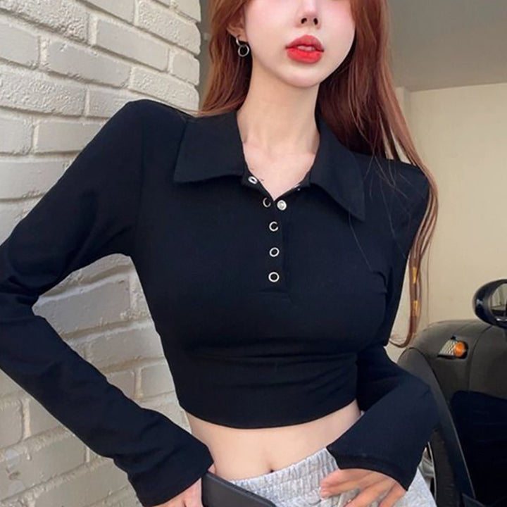 Women's Long Sleeve Crop Top with Classic Collar and Snap Buttons