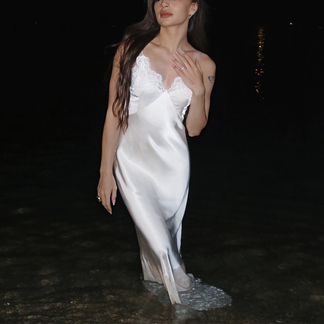 Ladies Satin Nightgown with Lace Accents Lisslune
