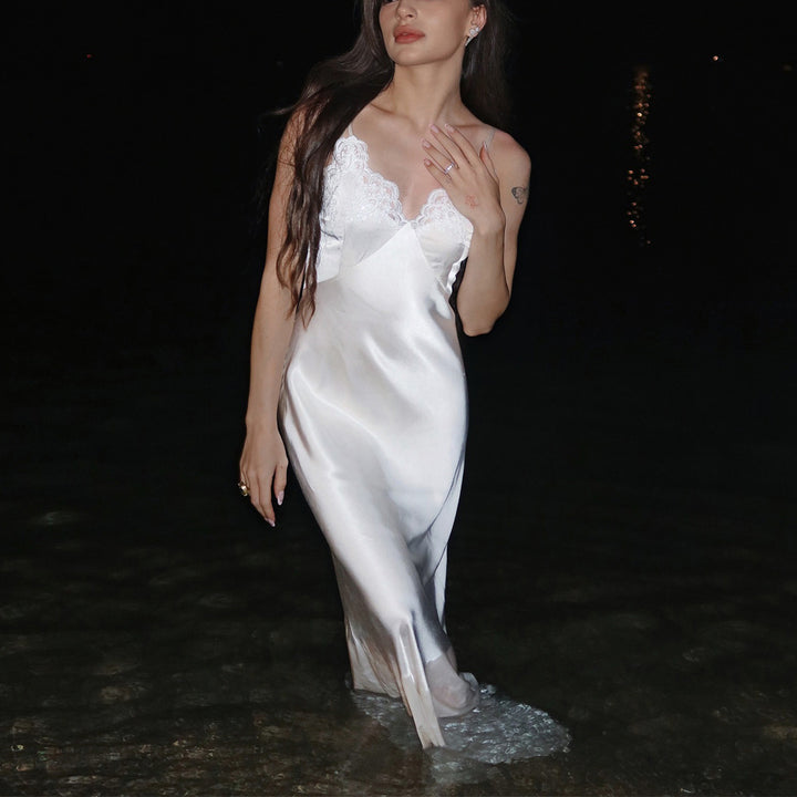 Ladies Satin Nightgown with Lace Accents Lisslune