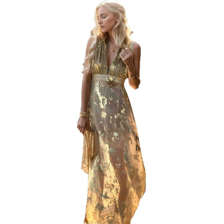 Women's Elegant Maxi Dress with Delicate Gold Pattern and V-neck