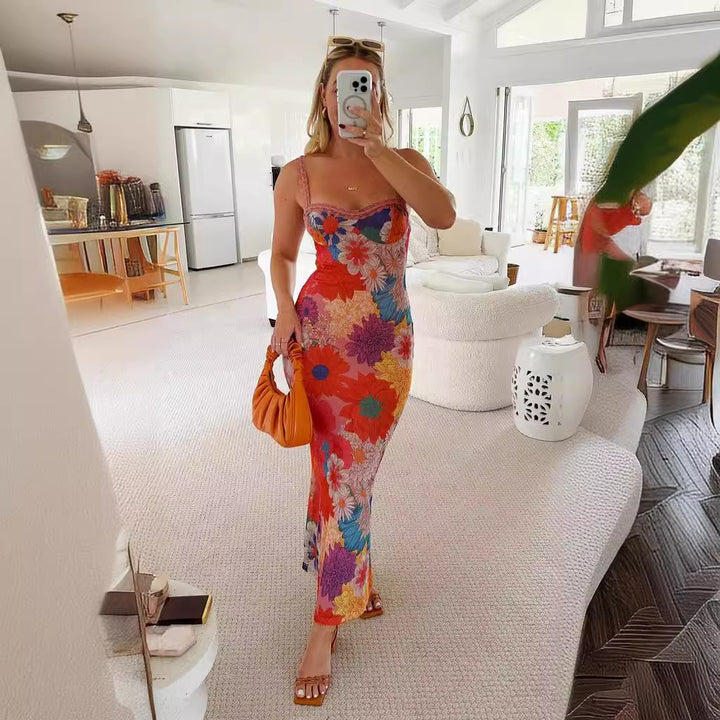 Women’s flower midi dress with lace straps and figure-hugging cut