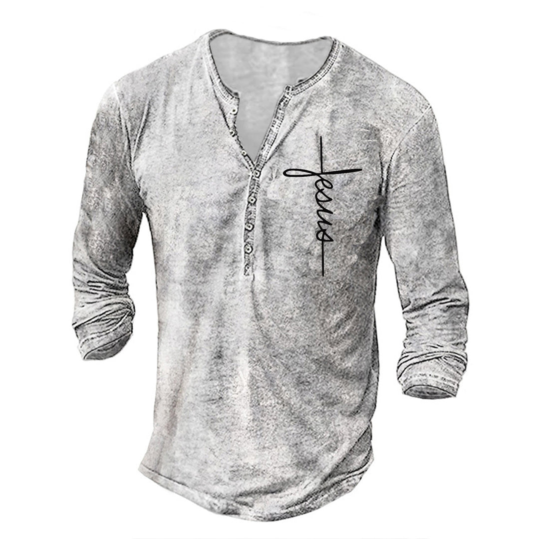 Men's Long Sleeve Henley Shirt with Creative Graphic Print Lisslune