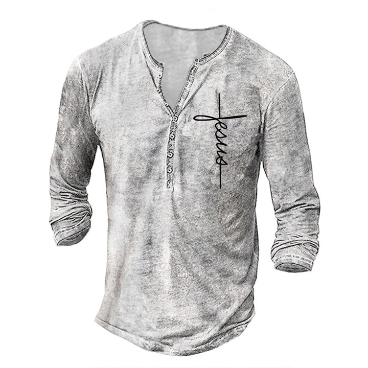 Men's Long Sleeve Henley Shirt with Creative Graphic Print Lisslune