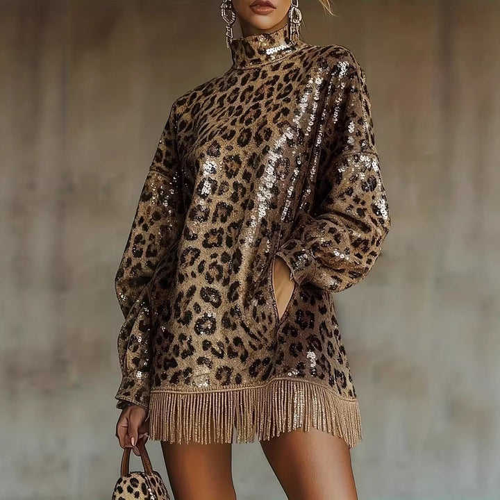 Women Glittering Short Dress with Leopard Pattern and Fringes Lisslune