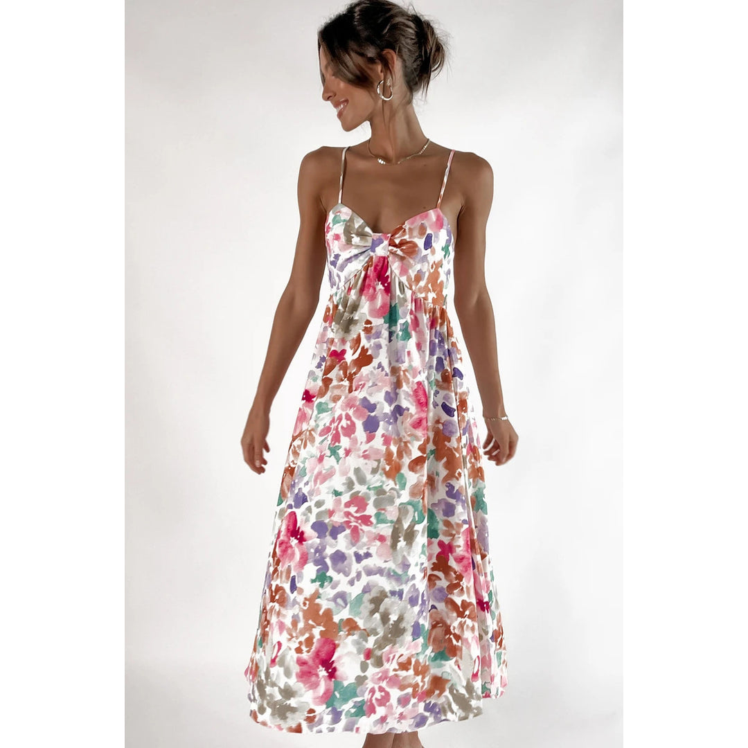 Ladies max dress with floral design and decorative knot detail Lune London