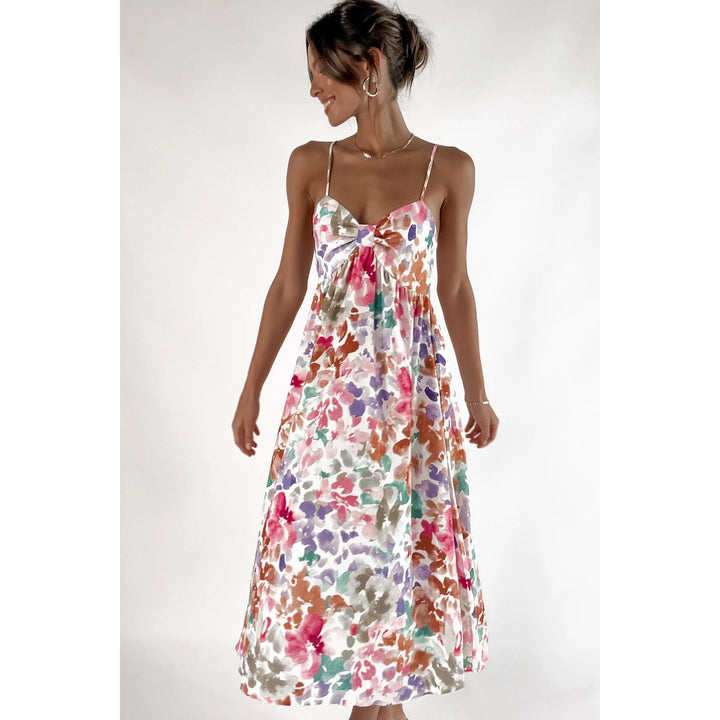 Ladies max dress with floral design and decorative knot detail Lune London