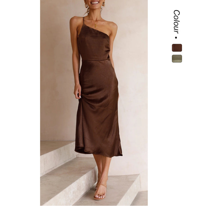 Ladies Satin Wrap Dress with Slim Strap Design and Playful Hem Lune London