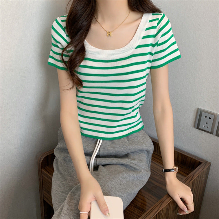 Women's cropped striped top with modern knot design and elastic hem Lisslune