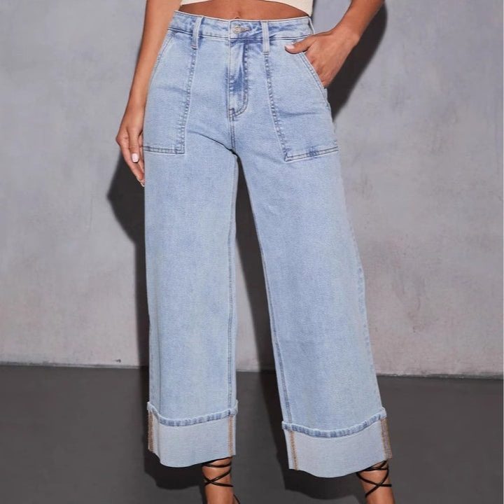 Women's wide-cut jeans with pockets and fashionable hem Lisslune