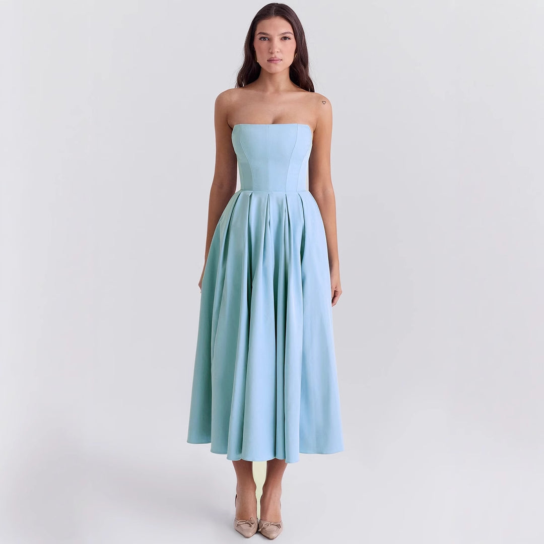 Women’s Waist-Reducing Midi Dress with Off-Shoulder Design and Elegant Pleated Structure